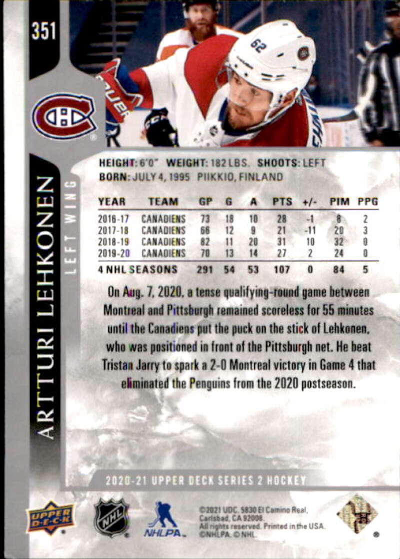 2020-21 Upper Deck Hockey #351 Artturi Lehkonen Montreal Canadiens Image 2