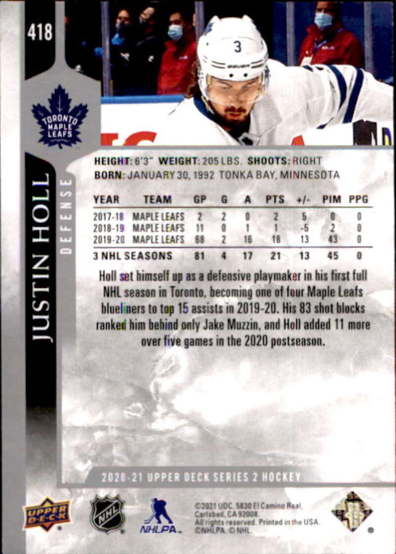 2020-21 Upper Deck Hockey #418 Justin Holl Toronto Maple Leafs Image 2