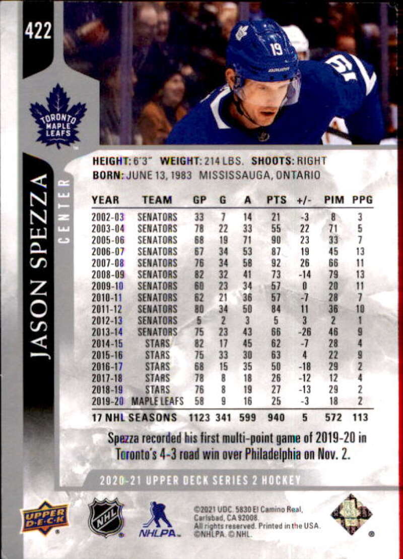 2020-21 Upper Deck Hockey #422 Jason Spezza Toronto Maple Leafs Image 2