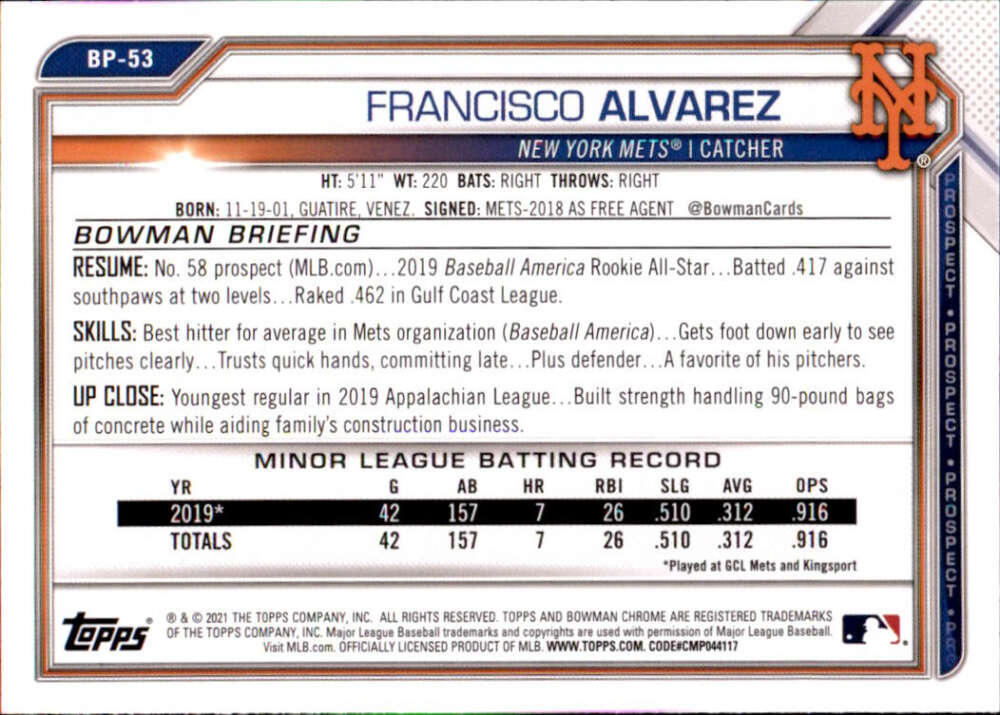 2021 Bowman Prospects #BP-53 Francisco Alvarez New York Mets V91642 Image 2