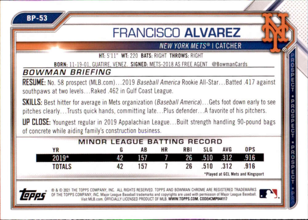 2021 Bowman Prospects #BP-53 Francisco Alvarez  New York Mets  V91642 Image 2