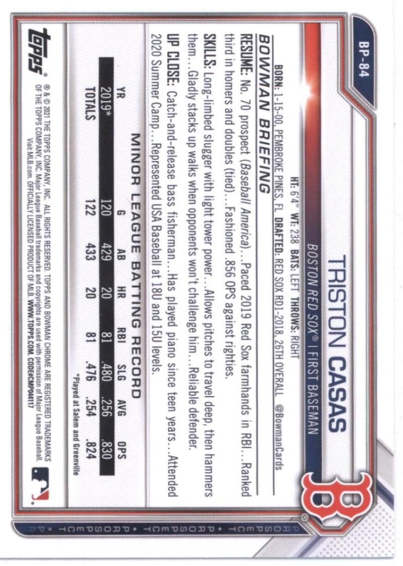 2021 Bowman Prospects #BP-84 Triston Casas Boston Red Sox V91658 Image 2