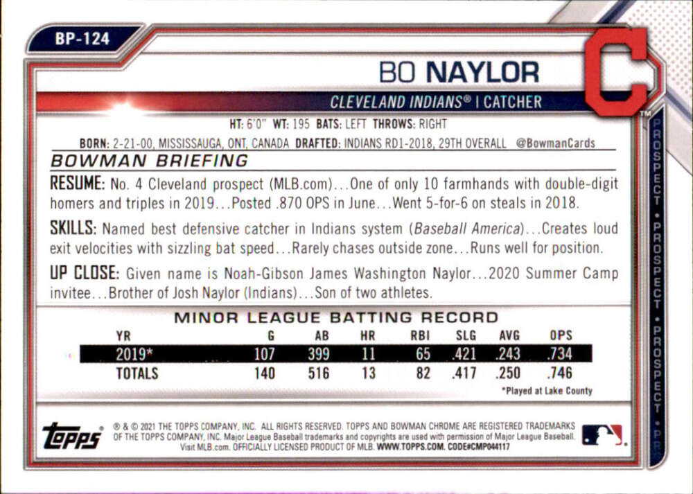 2021 Bowman Prospects #BP-124 Bo Naylor  Cleveland Indians  V91674 Image 2