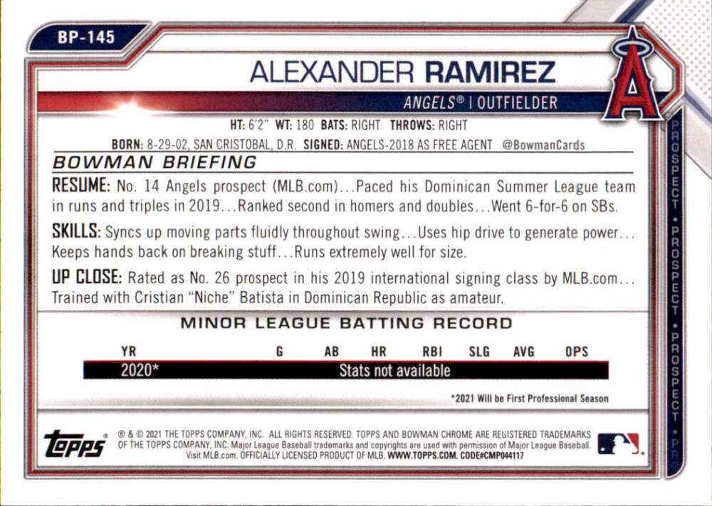 2021 Bowman Prospects #BP-145 Alexander Ramirez 1st Bowman Card  V91683 Image 2