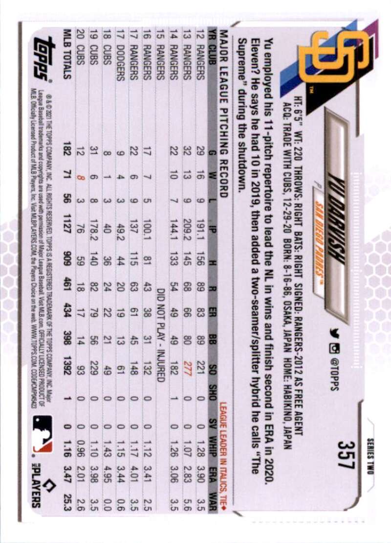2021 Topps Baseball #357 Yu Darvish San Diego Padres Image 2