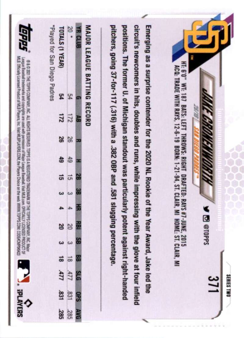 2021 Topps Baseball #371 Jake Cronenworth RC Rookie San Diego Padres Image 2