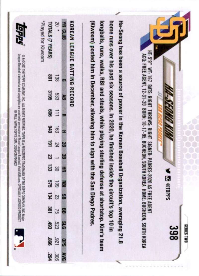 2021 Topps Baseball #398 Ha-Seong Kim RC Rookie San Diego Padres Image 2