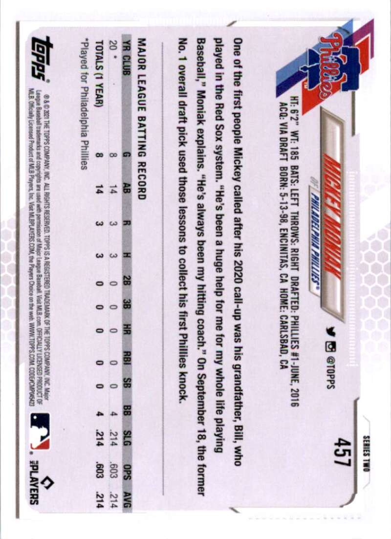 2021 Topps Baseball #457 Mickey Moniak RC Rookie Philadelphia Phillies Image 2