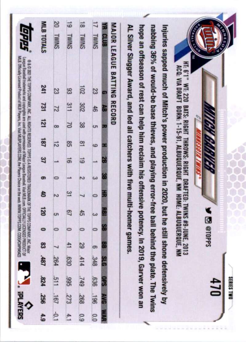 2021 Topps Baseball #470 Mitch Garver Minnesota Twins Image 2