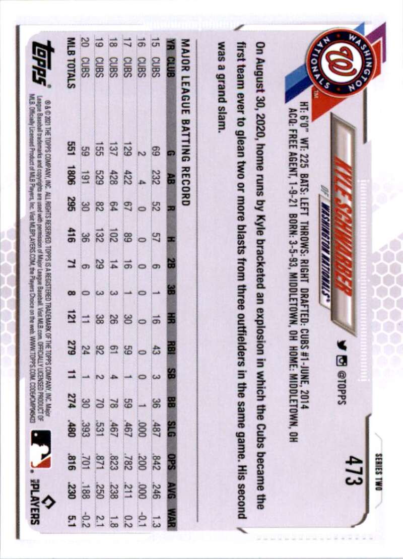 2021 Topps Baseball #473 Kyle Schwarber Washington Nationals Image 2