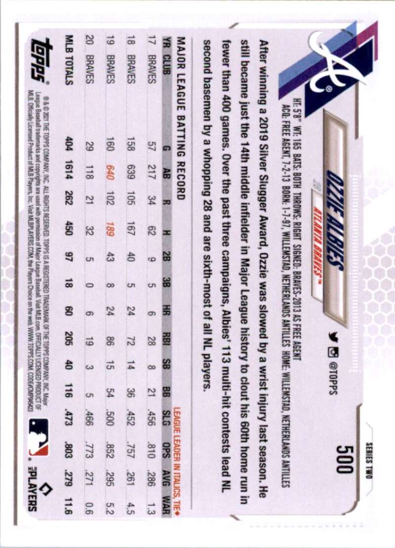 2021 Topps Baseball #500 Ozzie Albies Atlanta Braves Image 2