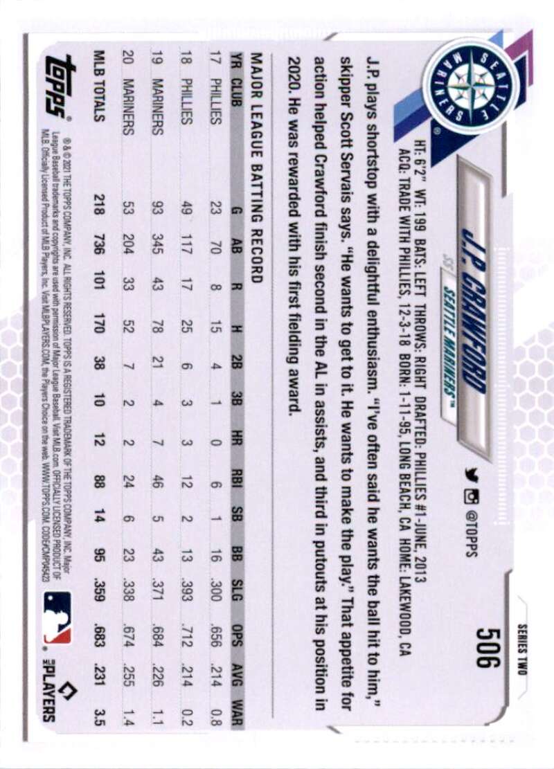 2021 Topps Baseball #506 J.P. Crawford Seattle Mariners Image 2