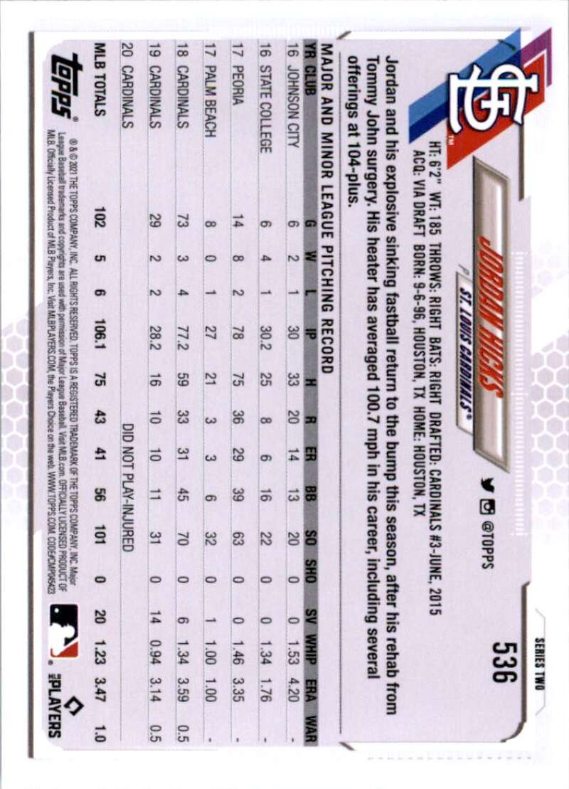 2021 Topps Baseball #536 Jordan Hicks St. Louis Cardinals Image 2