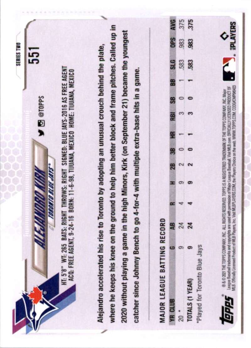 2021 Topps Baseball #551 Alejandro Kirk RC Rookie Toronto Blue Jays Image 2