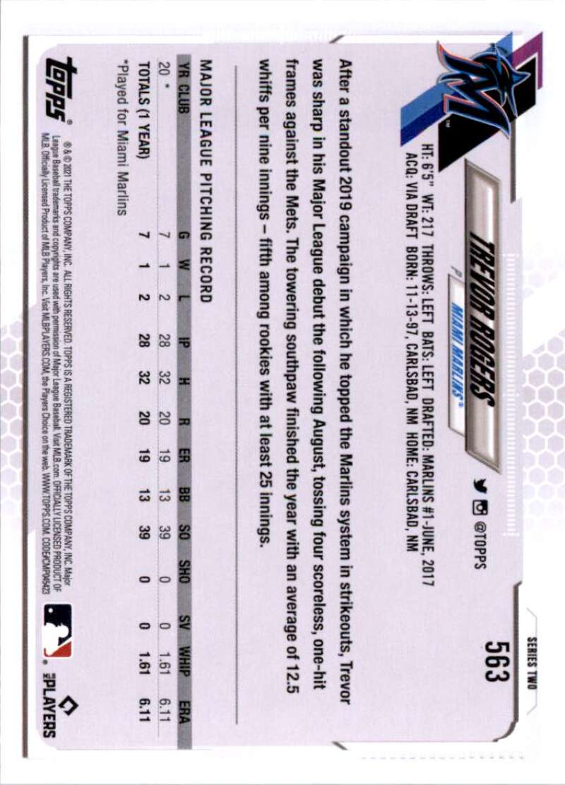 2021 Topps Baseball #563 Trevor Rogers RC Rookie Miami Marlins Image 2