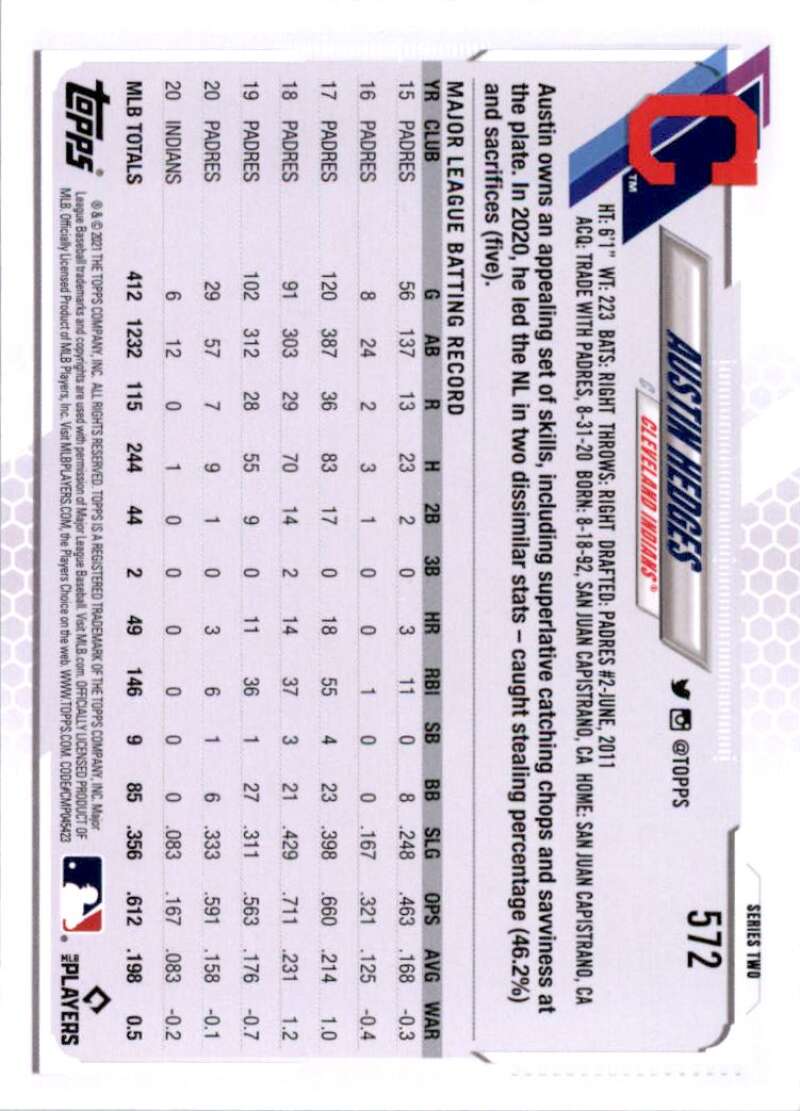 2021 Topps Baseball #572 Austin Hedges Cleveland Indians Image 2