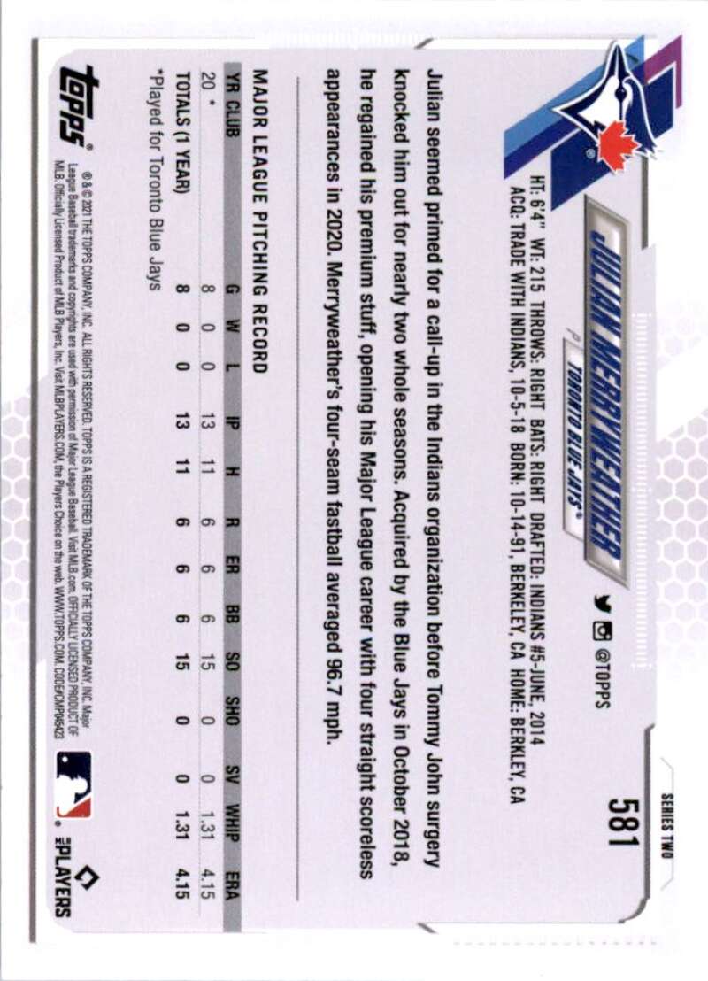 2021 Topps Baseball #581 Julian Merryweather RC Rookie Toronto Blue Jays Image 2