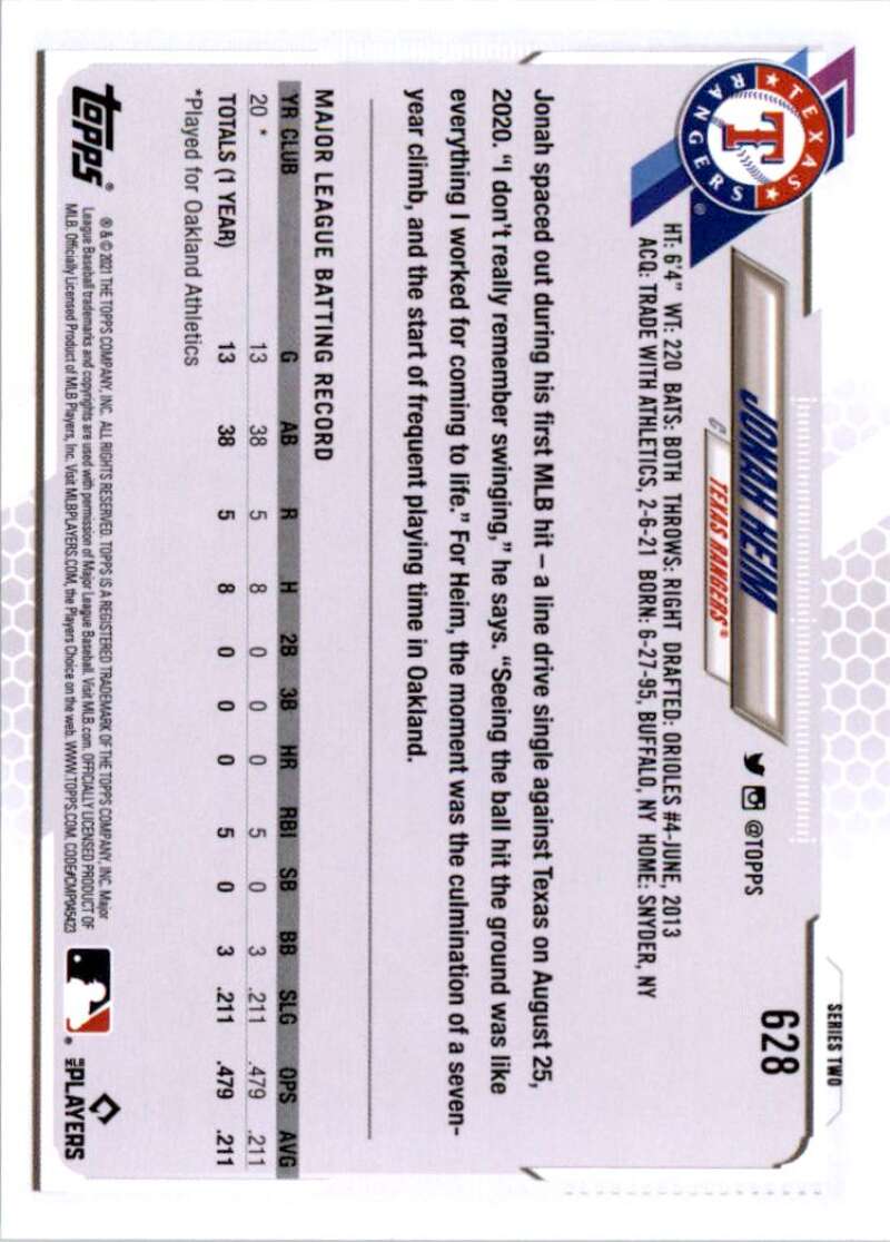 2021 Topps Baseball #628 Jonah Heim RC Rookie Texas Rangers Image 2