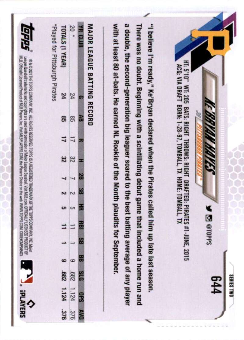 2021 Topps Baseball #644 Ke'Bryan Hayes RC Rookie Pittsburgh Pirates Image 2