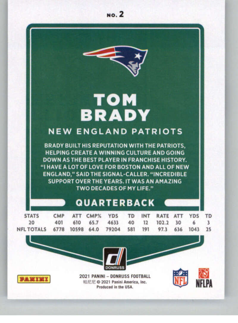 2021 Donruss #2 Tom Brady New England Patriots V88750 Image 2