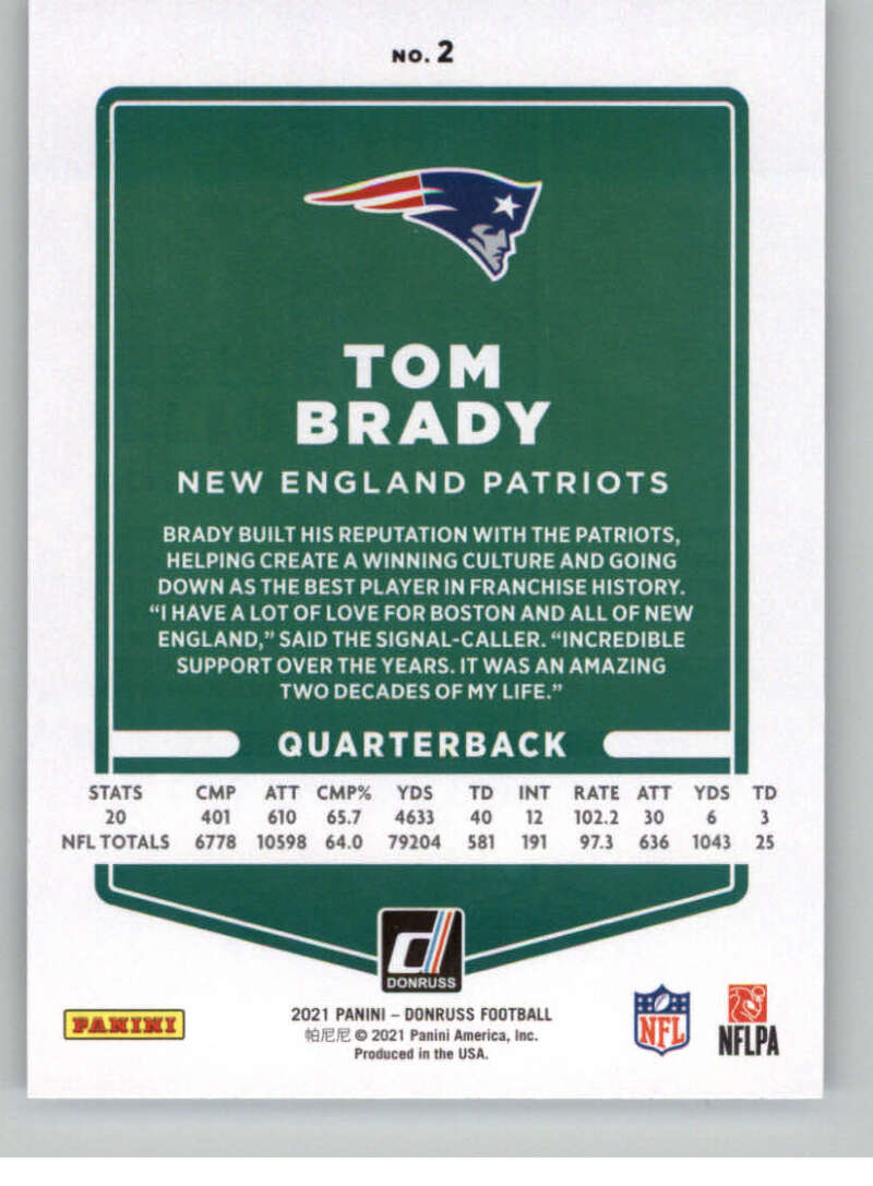 2021 Donruss #2 Tom Brady  New England Patriots  V88750 Image 2