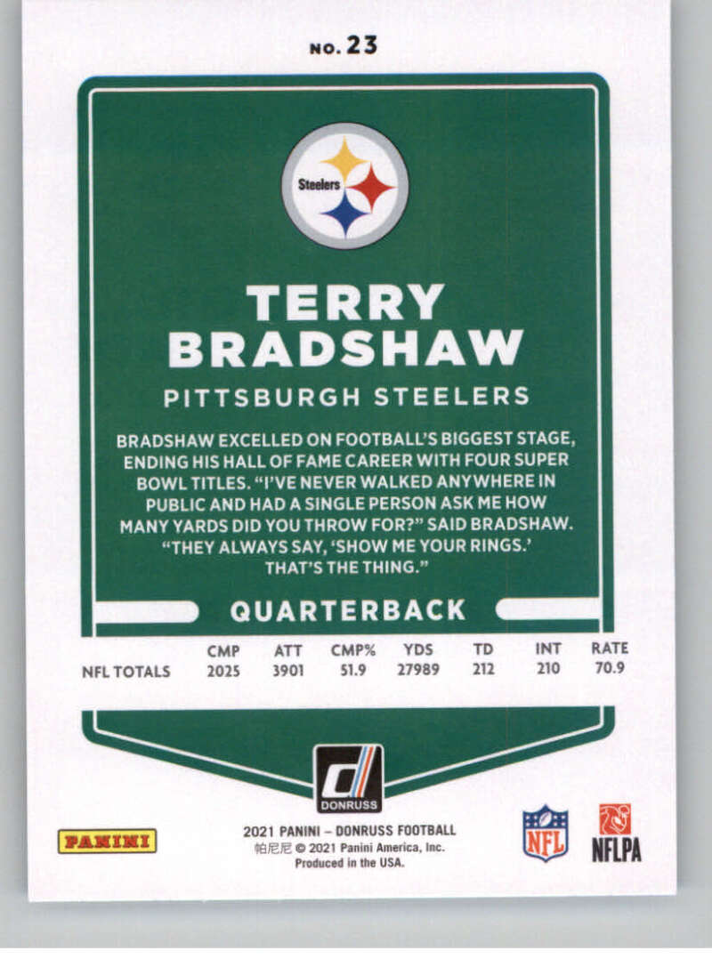 2021 Donruss #23 Terry Bradshaw  Pittsburgh Steelers  V88768 Image 2