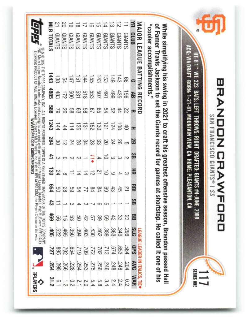 2022 Topps Baseball #117 Brandon Crawford San Francisco Giants Image 2