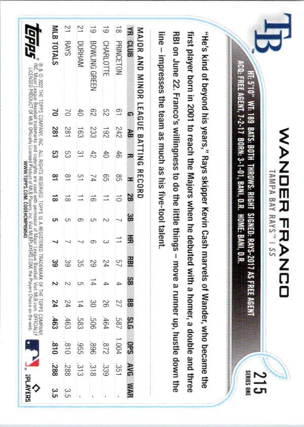 2022 Topps Baseball #215 Wander Franco RC Rookie Tampa Bay Rays Image 2
