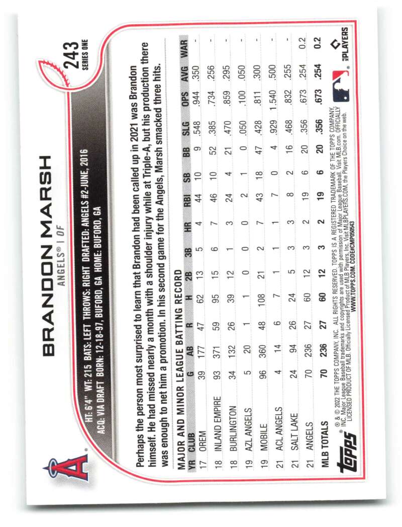 2022 Topps Baseball #243 Brandon Marsh RC Rookie Los Angeles Angels Image 2