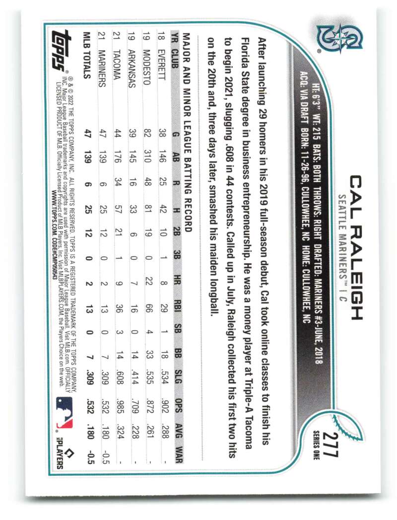 2022 Topps Baseball #277 Cal Raleigh RC Rookie Seattle Mariners Image 2
