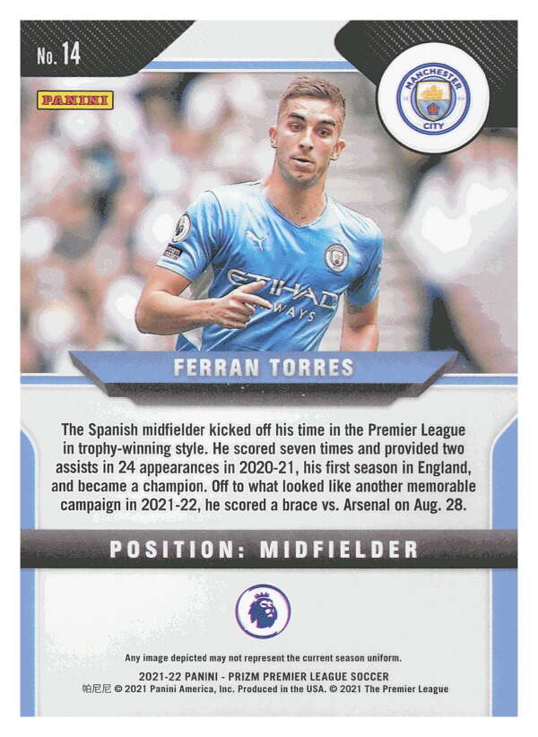 2021-22 Panini Prizm Premier League Soccer #14 Ferran Torres Manchester V97419 Image 2