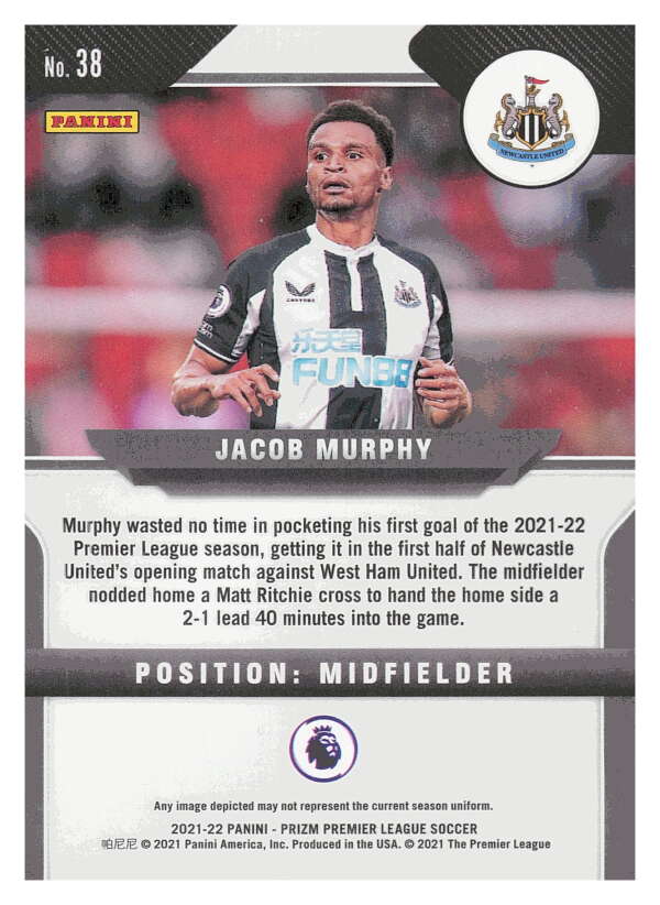 2021-22 Panini Prizm Premier League Soccer #38 Jacob Murphy V97425 Image 2