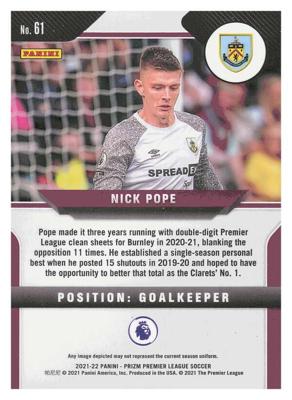 2021-22 Panini Prizm Premier League Soccer #61 Nick Pope Burnley V97431 Image 2