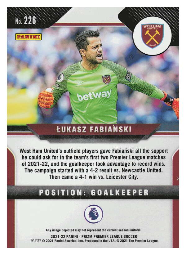 2021-22 Panini Prizm Premier League Soccer #226 Lukasz Fabianski West V97465 Image 2