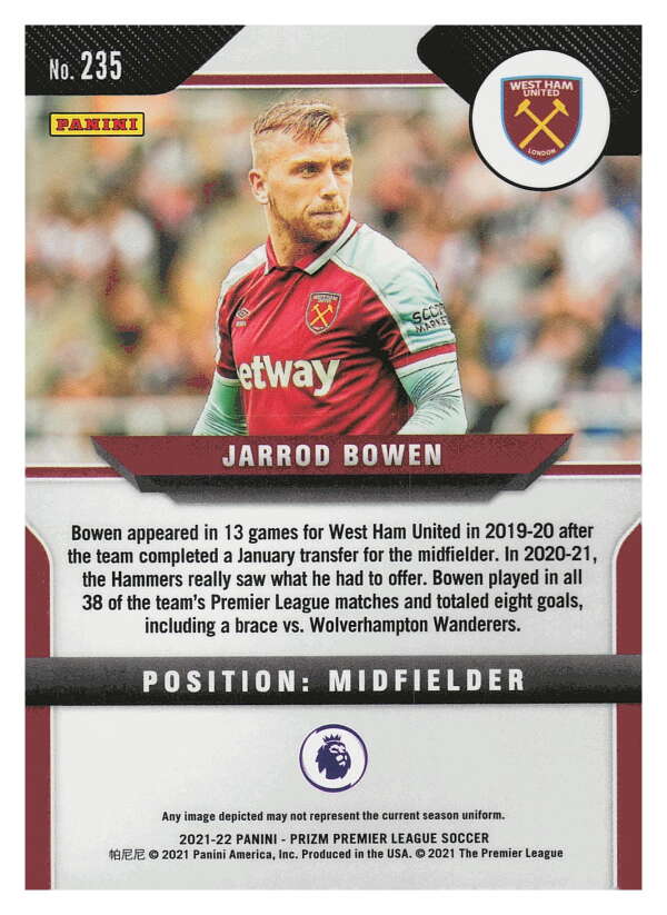 2021-22 Panini Prizm Premier League Soccer #235 Jarrod Bowen West Ham V97468 Image 2