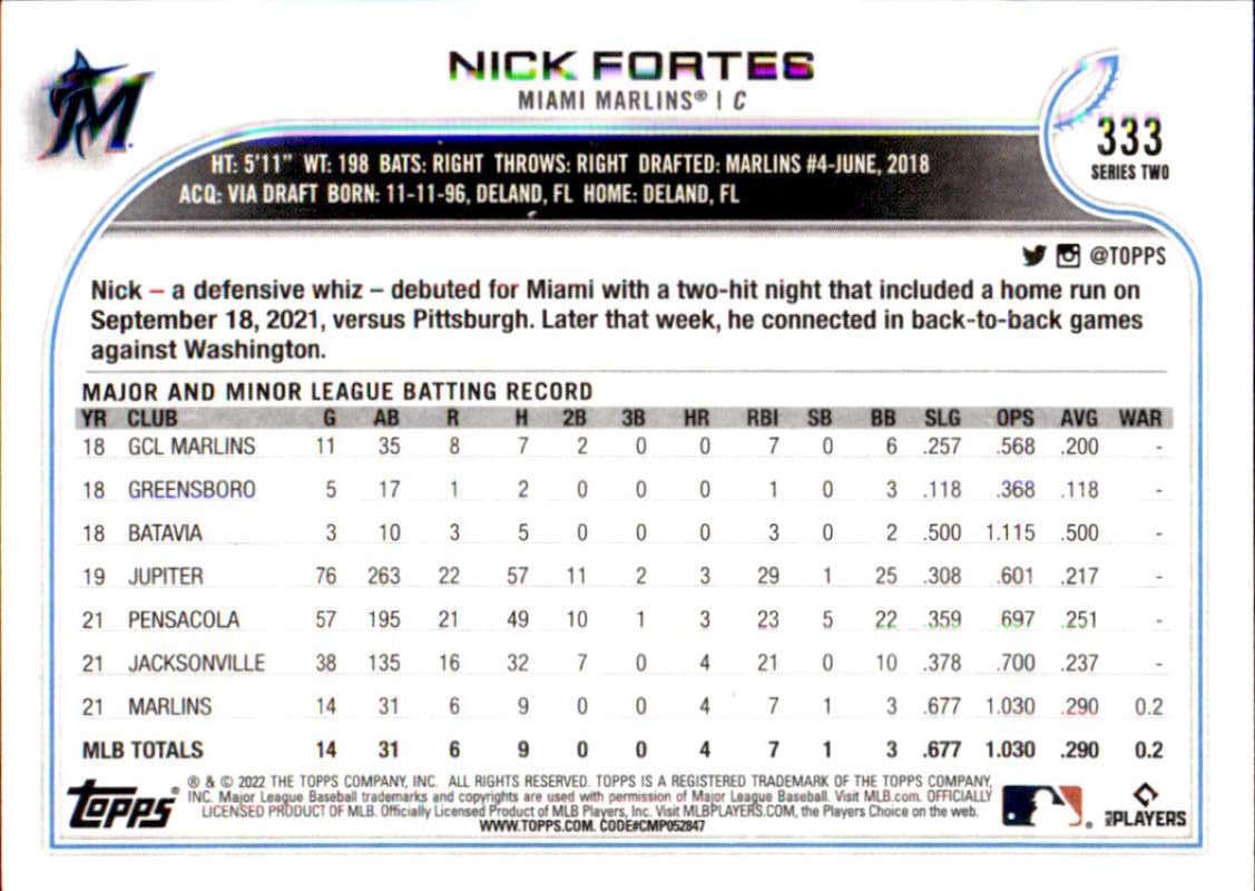 2022 Topps Baseball #333 Nick Fortes RC Rookie Miami Marlins Image 2