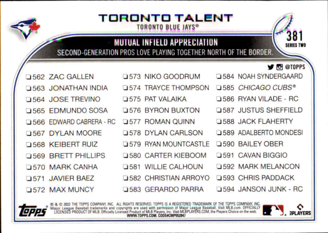2022 Topps Baseball #381 Guerrero Jr./Bichette Toronto Blue Jays Image 2