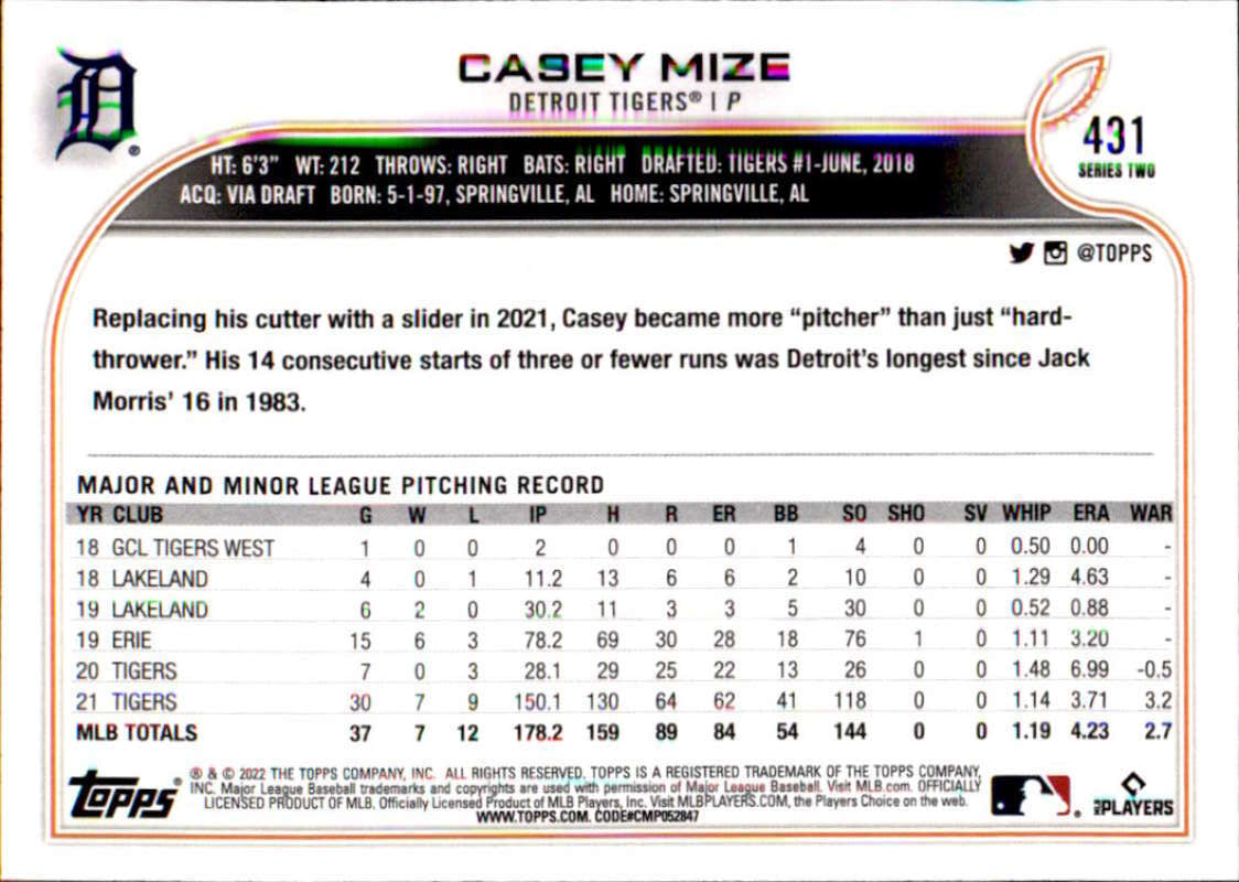 2022 Topps Baseball #431 Casey Mize Detroit Tigers Image 2