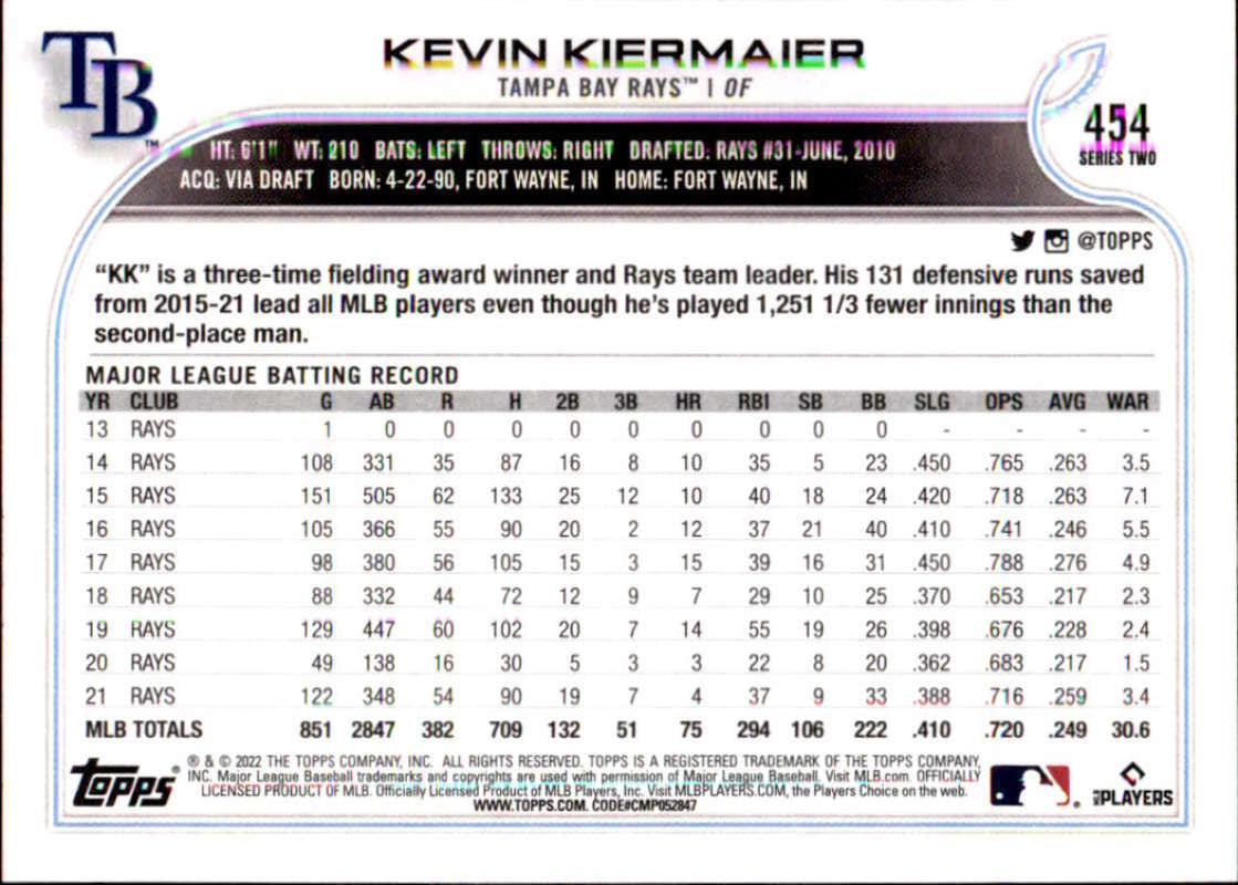 2022 Topps Baseball #454 Kevin Kiermaier Tampa Bay Rays Image 2