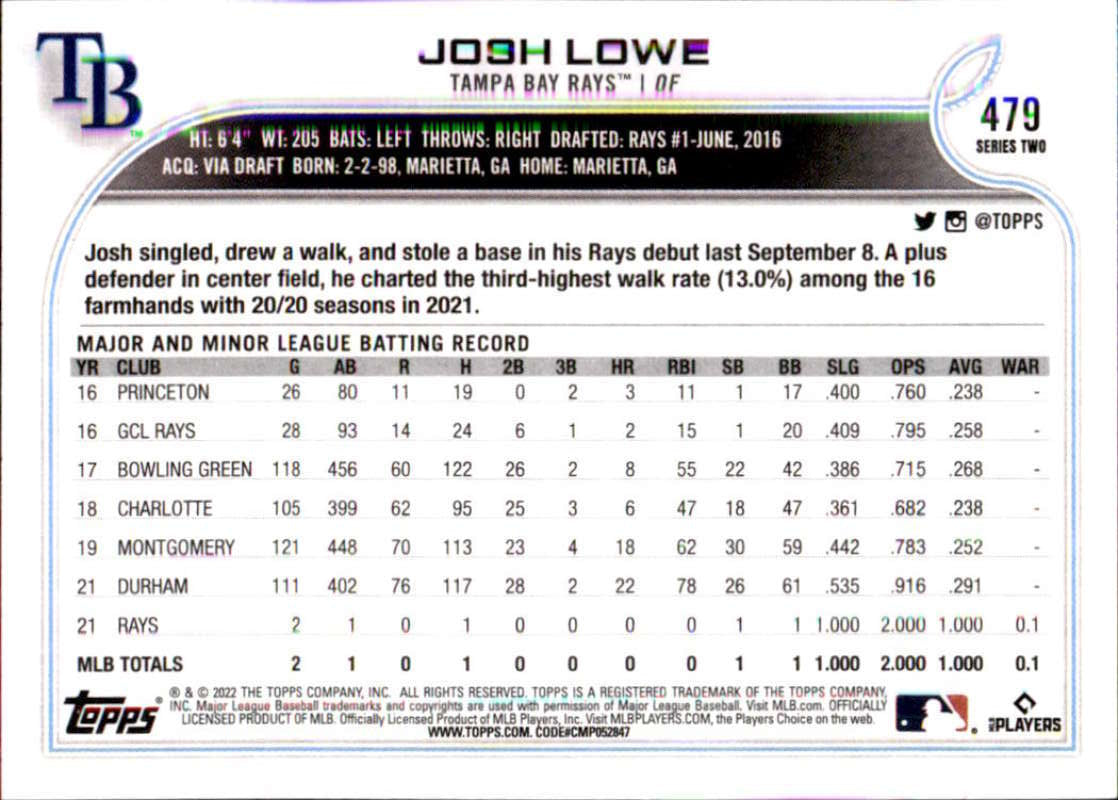 2022 Topps Baseball #479 Josh Lowe RC Rookie Tampa Bay Rays Image 2
