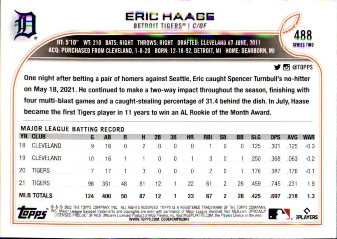 2022 Topps Baseball #488 Eric Haase Detroit Tigers Image 2