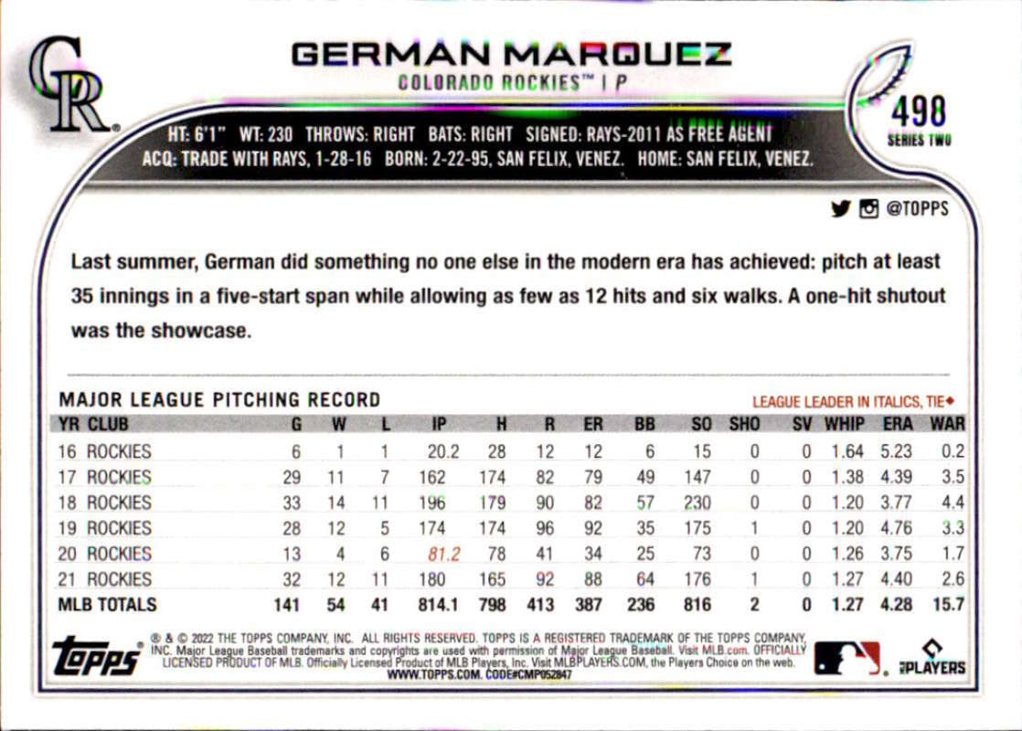 2022 Topps Baseball #498 German Marquez Colorado Rockies Image 2