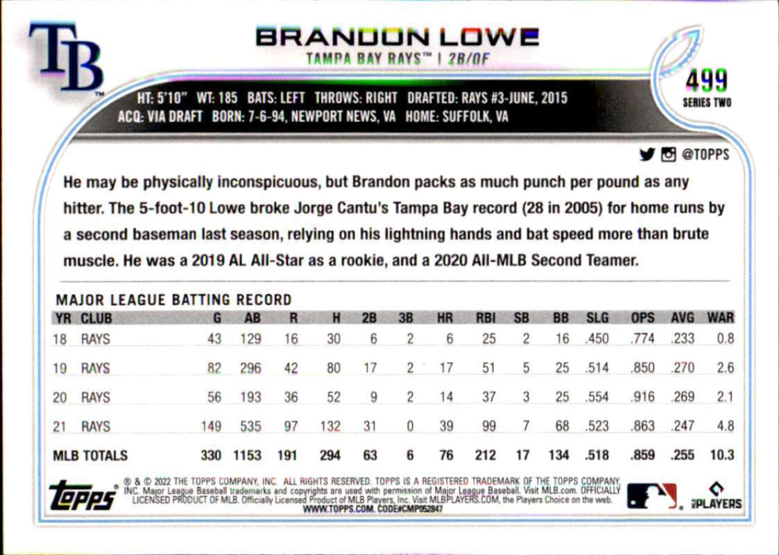 2022 Topps Baseball #499 Brandon Lowe Tampa Bay Rays Image 2