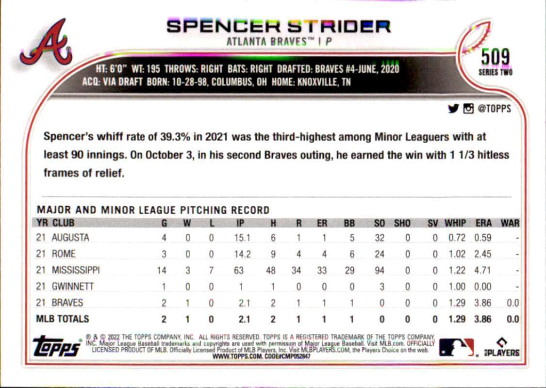 2022 Topps Baseball #509 Spencer Strider RC Rookie Atlanta Braves Image 2