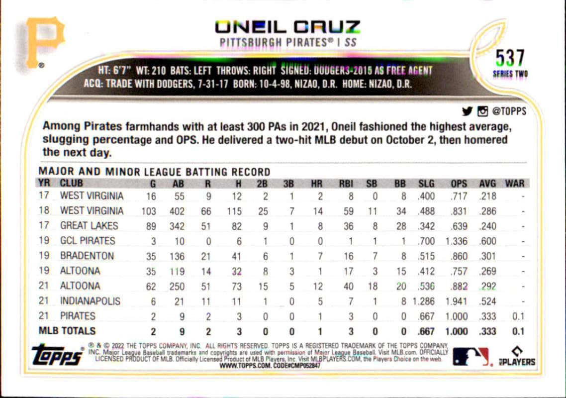 2022 Topps Baseball #537 Oneil Cruz RC Rookie Pittsburgh Pirates Image 2