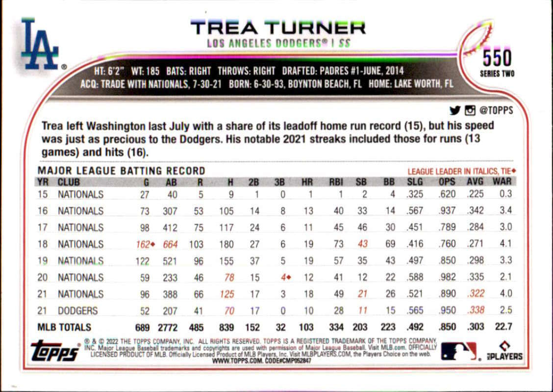2022 Topps Baseball #550 Trea Turner Los Angeles Dodgers Image 2