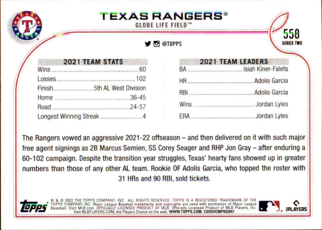 2022 Topps Baseball #558 Texas Rangers Texas Rangers Image 2