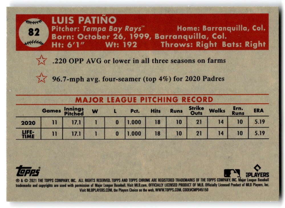 2021 Topps Chrome Platinum Anniversary #82 Luis Patino RC Rookie V97189 Image 2