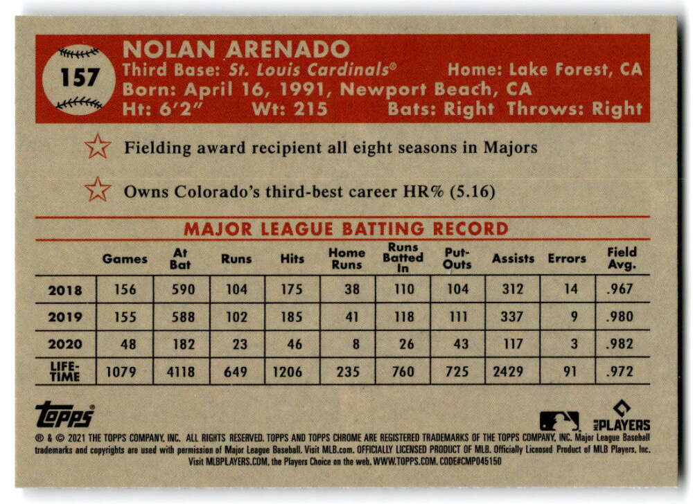 2021 Topps Chrome Platinum Anniversary #157 Nolan Arenado St. Louis V97197 Image 2