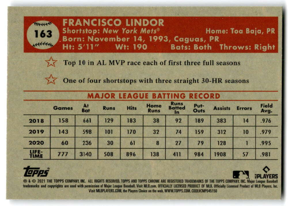 2021 Topps Chrome Platinum Anniversary #163 Francisco Lindor New York V97198 Image 2